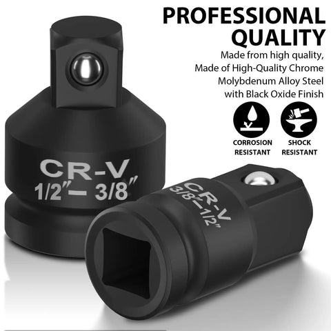 Kickass One Inch To Half Inch Impact Socket Adapter Reducer Conversion Kit For Real Mechanics And Home Shops Built From Damn Tough Chromoly Steel, black oxide finish, professional quality pieces.