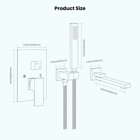 Diagram of Wall Mounted Bathtub Faucet With Handheld Sprayer And Waterfall Spout Tub Shower Set dimensions