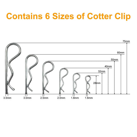 Heavy Duty Cotter Pin Assortment Kit With 30 Zinc Plated Hairpin Fasteners In Sizes M1.6 To M3.5 For Hitch Pin Lock Systems From Jongdari Carbon Steel Construction Burr Free Finish Six Pro Grade Size Packs For Easy Replacement, showing size chart 1.6 to 3.5mm