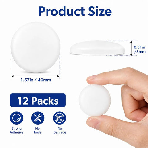 Round PU Door Stop 12 Pack Adhesive No Drill Door Stopper size shown with dimensions and hand holding one stopper