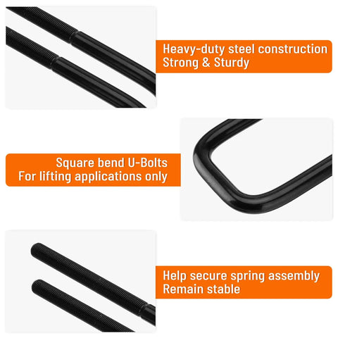 Extended Square Bend U Bolts Four Pack For One To Two Inch Lift Applications shown in black steel with 9/16 inch threads.