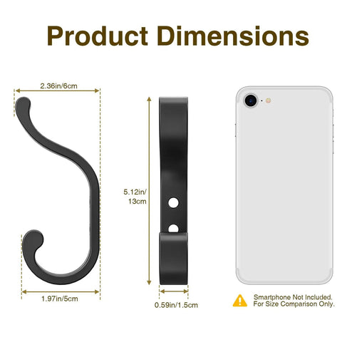 Heavy Duty Wall Mount Coat Hooks Set Of 4, Each Holds Up To 30 Lbs, showing dimensions next to smartphone for scale