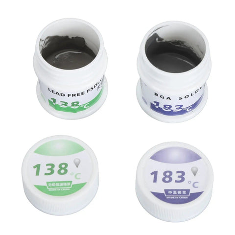 Open jars of Electronic Chip Solder Paste Fifty Gram Non Erosive Smooth Multifunctional Soldering Flux With Bright Joint