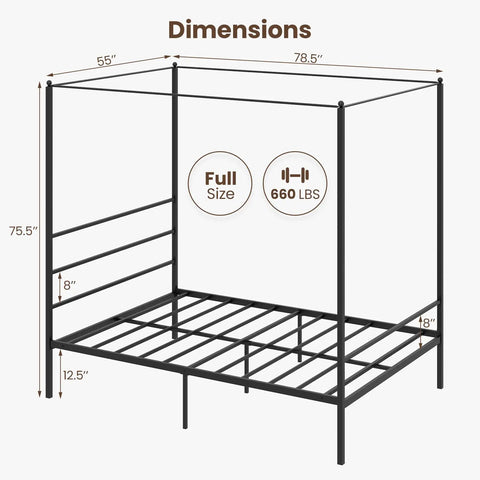 Dimensions of Full Size Metal Canopy Bed Frame With Modern Four Poster Silhouette And Sleek Headboard Matte Black Finish.
