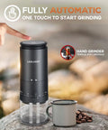 Portable Burr Coffee Grinder For Travel And Camping Cordless Electric Rechargeable Stainless Steel Conical Burr On The Go Espresso Grind 38 Adjustable Grind Settings on rock with cup and beans.