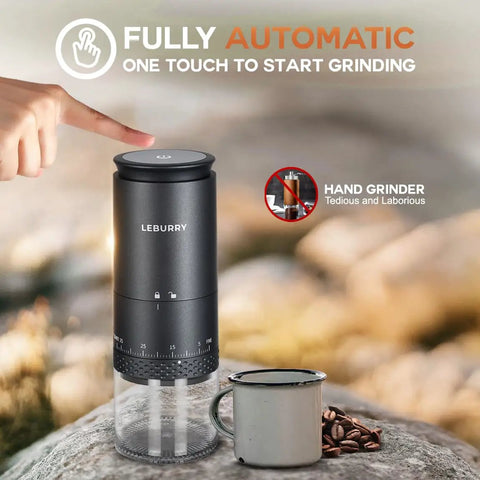 Portable Burr Coffee Grinder For Travel And Camping Cordless Electric Rechargeable Stainless Steel Conical Burr On The Go Espresso Grind 38 Adjustable Grind Settings on rock with cup and beans.