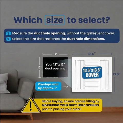 Diagram showing size guide for 12x12 Aluminum Four Way Air Flow HVAC Vent Cover For Walls And Ceilings installation in duct opening.
