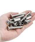 Twenty Five Piece Pack Of Silver M8X50mm High Grade Carbon Steel Wood Screws Built For Thick Timber Diy Cabinetry And Tough Home Fixes With Wicked Strong Hold And Dead Simple Installation in a hand.