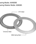 Chromium steel AXK6085 Thrust Needle Roller Bearings with washers, 60mm bore, 85mm OD, 3mm width, shown with ST13 and 65Mn steel components.