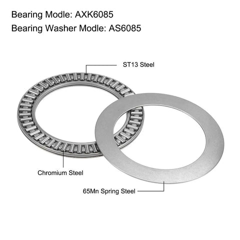 Chromium steel AXK6085 Thrust Needle Roller Bearings with washers, 60mm bore, 85mm OD, 3mm width, shown with ST13 and 65Mn steel components.