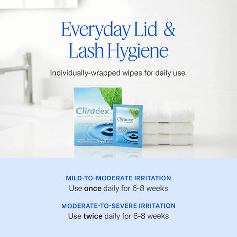 Cliradex Towelettes packaging box and sachet with folded white towels on a bathroom countertop