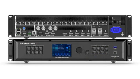 Badass 13 Million Pixel LED Display Video Processor With 20 Gigabit Ethernet Outputs and rugged flight case, detailed front view.