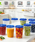 34 Oz Reusable Freezer Safe Food Storage Containers 10 Pack With Twist Top Lids Airtight Meal Prep Containers For Leftovers Grab And Go Lunches Salad Oats Fruit Microwave Safe Plastic on kitchen counter with fruits inside