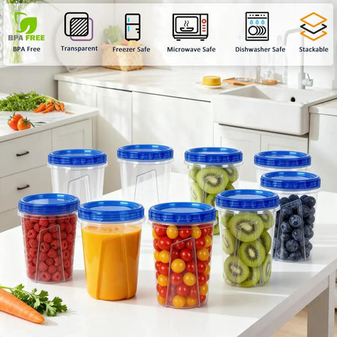 34 Oz Reusable Freezer Safe Food Storage Containers 10 Pack With Twist Top Lids Airtight Meal Prep Containers For Leftovers Grab And Go Lunches Salad Oats Fruit Microwave Safe Plastic on kitchen counter with fruits inside
