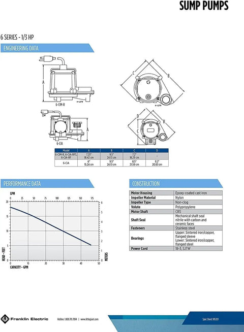 Diagrams and specifications for Automatic Submersible Sump Pump 115 Volt 1/3 HP Cast Iron, 2760 GPH With Integral Diaphragm Switch