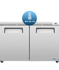 Heavy Duty Commercial Undercounter Freezer 60 Inch 14.1 Cu Ft Stainless Steel Led Lights Dual Doors ETL Certified front view with temperature display.