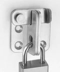 Close-up of Stainless Steel Spring Latch Lock Bolt Door Gate Cabinet Furniture Hardware with a padlock attached.