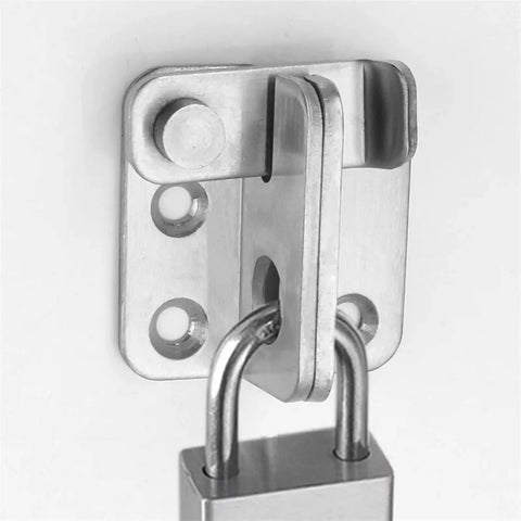 Close-up of Stainless Steel Spring Latch Lock Bolt Door Gate Cabinet Furniture Hardware with a padlock attached.
