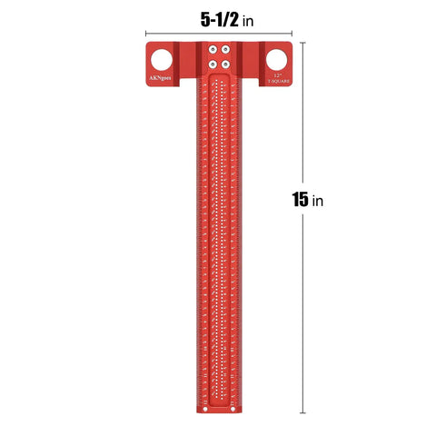 Pro Grade Woodworking Scriber T-Square Ruler 12in with support lips, 15in aluminum blade, top view with measurements