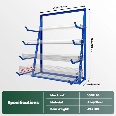 Heavy Duty Alloy Steel Lumber And Pipe Storage Rack Built Tough For Garage Life With Rock Solid 1000 Pound Capacity side view showing dimensions and adjustable shelves.