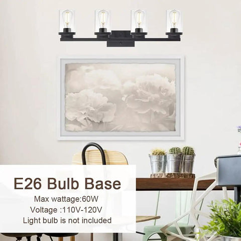 Four Light Vanity Light Fixture In Matte Black With Clear Glass Shades above dining area, E26 base, modern decor