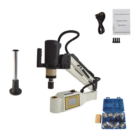 Heavy Duty 1200W Electric Tapping Machine 360 Degree Rotation M6 To M30 Threading Tool with accessories and control panel.