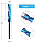 Five Piece Downcut Spiral Router Bits With One Quarter Inch Shank And One Quarter Inch Cutting Diameter Solid Carbide Top Shelf Nano Blue Coating