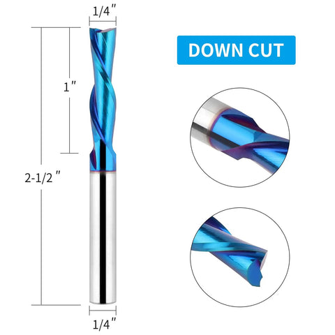 Five Piece Downcut Spiral Router Bits With One Quarter Inch Shank And One Quarter Inch Cutting Diameter Solid Carbide Top Shelf Nano Blue Coating