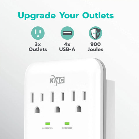Three Outlet Wall Mount Surge Protector With 900 Joules Of Surge Protection And Four USB Ports Up To 4.8A Total, Built In Phone Holder Cradle, Compact Wall Mounted Power Hub For Home, School Or Office, ETL Certified