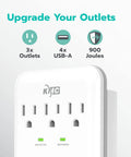 Close-up of Three-Outlet Wall Mount Surge Protector With 900 Joules, Four USB Ports Delivering 4.8A Total, built-in indicators