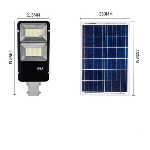 Supercharged Outdoor Solar Wall Light With Remote Trigger And Dusk To Dawn Auto Sensor dimensions 595mm by 215mm, IP65 weather-resistant design.