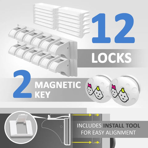 Childproof Cabinet Locks Kit With 12 Locks And 2 Keys Adhesive Mount No Tools Needed Easy Three Minute Setup For Toddlers And Curious Kids Safe Kitchen And Bathroom Drawers