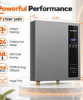 Heavy Duty 27KW Electric Tankless Water Heater With 240V Input And 7.4 GPM Throughput, sleek silver face and LED display.
