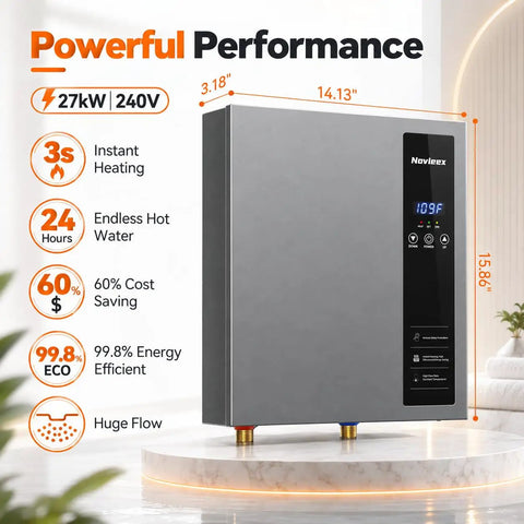 Heavy Duty 27KW Electric Tankless Water Heater With 240V Input And 7.4 GPM Throughput, sleek silver face and LED display.