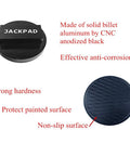 Jack Pad Adapter: two discs, black anodized aluminum pad with JACKPAD label and blue non-slip textured disk