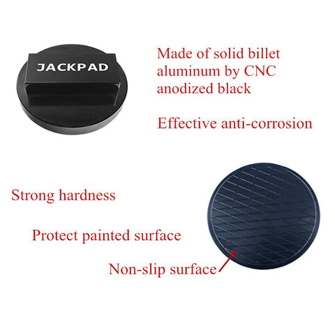 Jack Pad Adapter: two discs, black anodized aluminum pad with JACKPAD label and blue non-slip textured disk