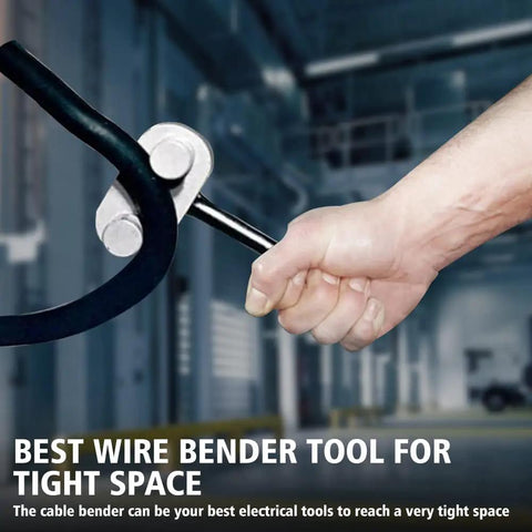 Hand using Compact Wire Bender Tool For Tight Places, Cable Bender For Electrical Work, Knuckle Bender That Fits A One Half Inch Ratchet