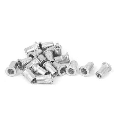15 Flat Head Threaded Insert Nuts Aluminum Rivet Kit With Knurled Body For Easy Installation Strong Holding Power On Metal Wood Plastic Jobs, showing grouped nuts.