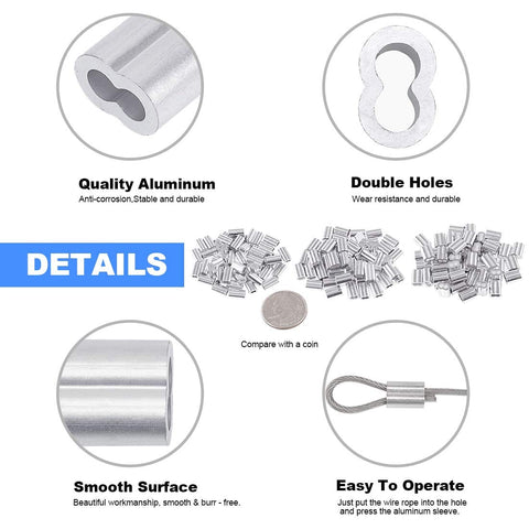 Detailed view of 150 aluminum ferrule sleeves for 2.2mm Wire Rope Crimping Tool Kit, highlighting features and comparison with a coin.
