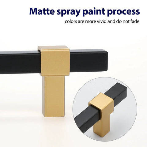 10 Pack 3 Inch Matte Black And Brass Cabinet Handles showcasing matte spray paint process, zinc alloy base, stainless steel construction