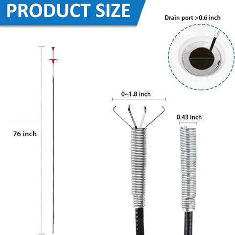 76 Inch Flexible Drain Snake Grabber Claw For Clogs In Sinks Showers And Toilets Hair Removal Tool Easy To Use Plumbing Auger For Tight Spaces And Hard To Reach Pipes