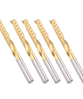 Five Piece Spiral End Mills Set, Single Flute HSS 4x28x50mm With Coating For CNC Milling Machines, shown in lined arrangement