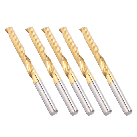 Five Piece Spiral End Mills Set, Single Flute HSS 4x28x50mm With Coating For CNC Milling Machines, shown in lined arrangement