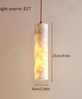 Alabaster Pendant Light Natural Marble Long Tube Hanging Lights with Wood Ceiling Canopy Modern Nordic Mini Pendant Lamp for Kitchen Island Bedroom Hallway(25 * 6cm), showing dimensions and marble detail.