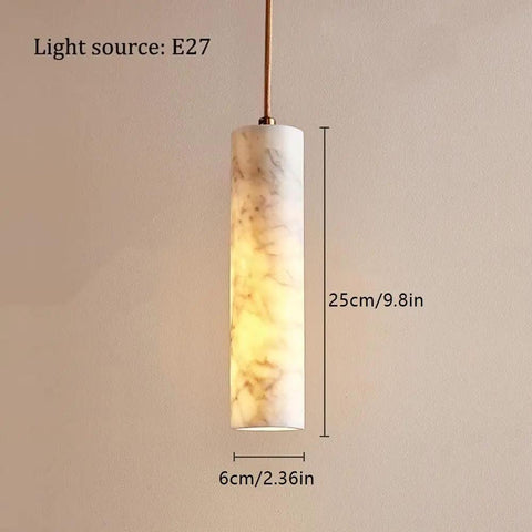 Alabaster Pendant Light Natural Marble Long Tube Hanging Lights with Wood Ceiling Canopy Modern Nordic Mini Pendant Lamp for Kitchen Island Bedroom Hallway(25 * 6cm), showing dimensions and marble detail.