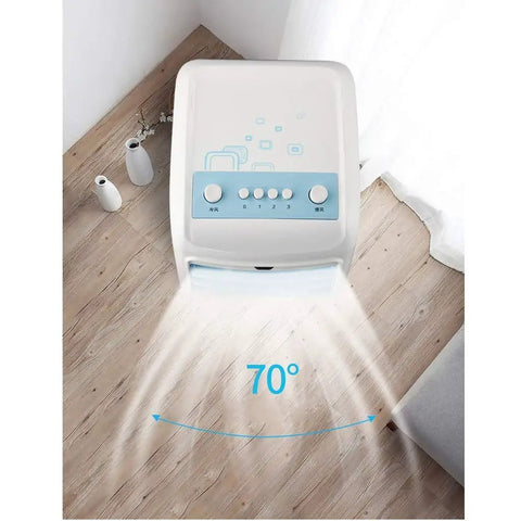 Compact Evaporative Air Cooler And Integrated Humidifier With Three Wind Modes For Home Office Or Bedroom Quiet Portable Swamp Cooler showing top view with fan dispersion at 70 degrees.