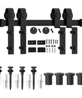 Bypass Barn Door Hardware Kit With Sliding Track System For Double Doors, matte black steel, J shaped rollers, rail, and pulleys.