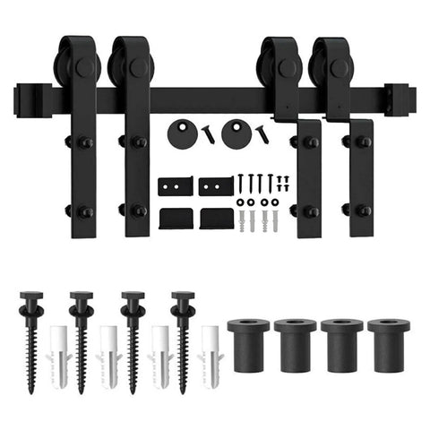 Bypass Barn Door Hardware Kit With Sliding Track System For Double Doors, matte black steel, J shaped rollers, rail, and pulleys.