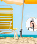 Portable Beach Umbrella Sand Anchor Stand, Rust-Resistant Iron Ground Anchor For 0.9-1.2 Inch Poles, beach setup with chair.