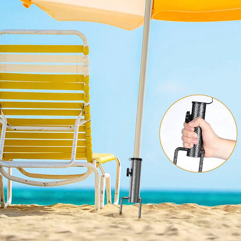 Portable Beach Umbrella Sand Anchor Stand, Rust-Resistant Iron Ground Anchor For 0.9-1.2 Inch Poles, beach setup with chair.